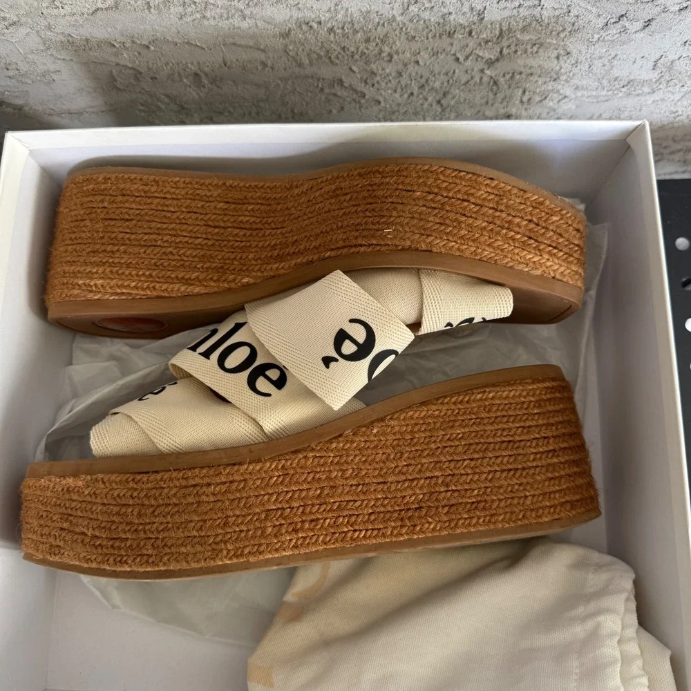 Chloe Woody Canvas Espadrilles Platform Sandals Size 41 EU‎ 10 US White x Brown